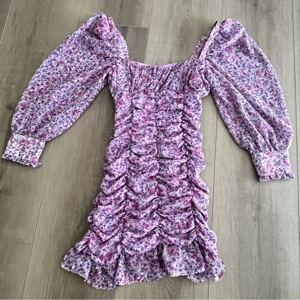 Zara Dress XS Mini Purple Floral Ruched‎ Chiffon Balloon Sleeves Elasticated - Picture 3 of 14